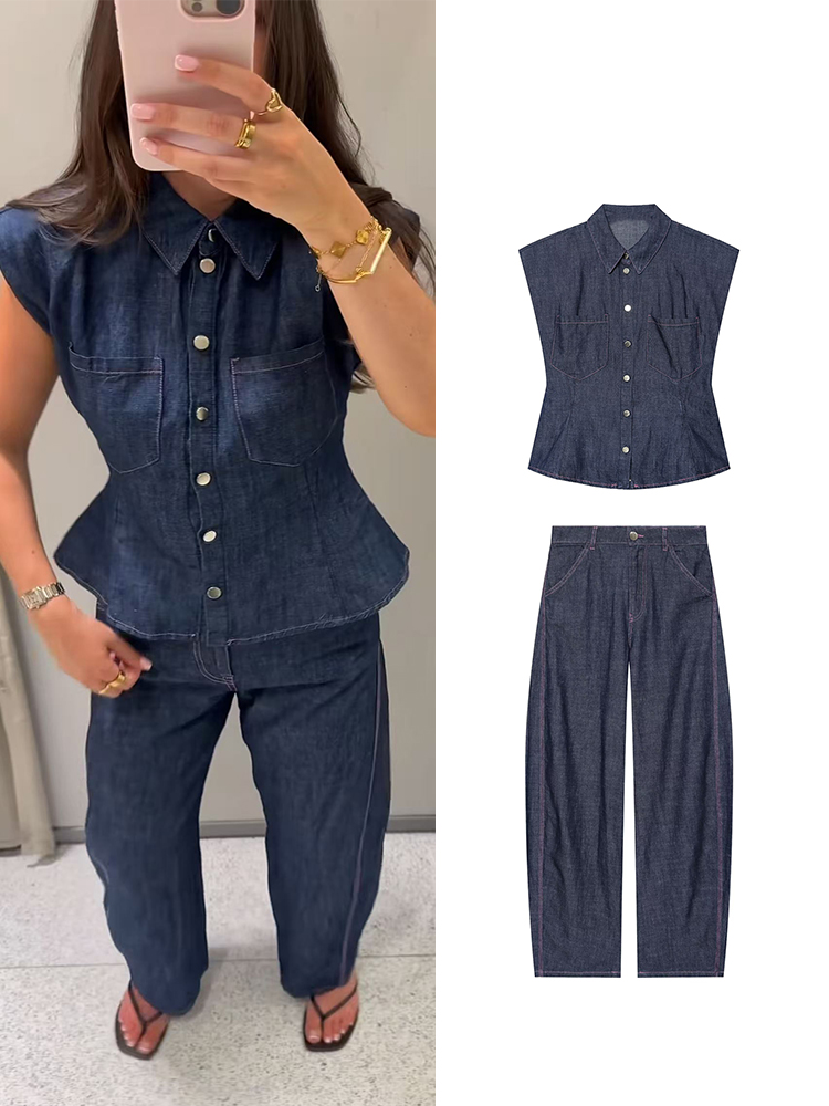 Shoulder Pad Set In - TFMLN Damen Denim-Hosen-Set Schickes Ärmelloses Schulterpolster-Shirt