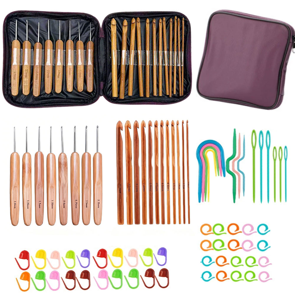 Sewing Kit - 74-teiliges Bambus-Häkelnadel-Set Garn-Webwerkzeuge mit Tragbarer Aufbewahrungstasche
