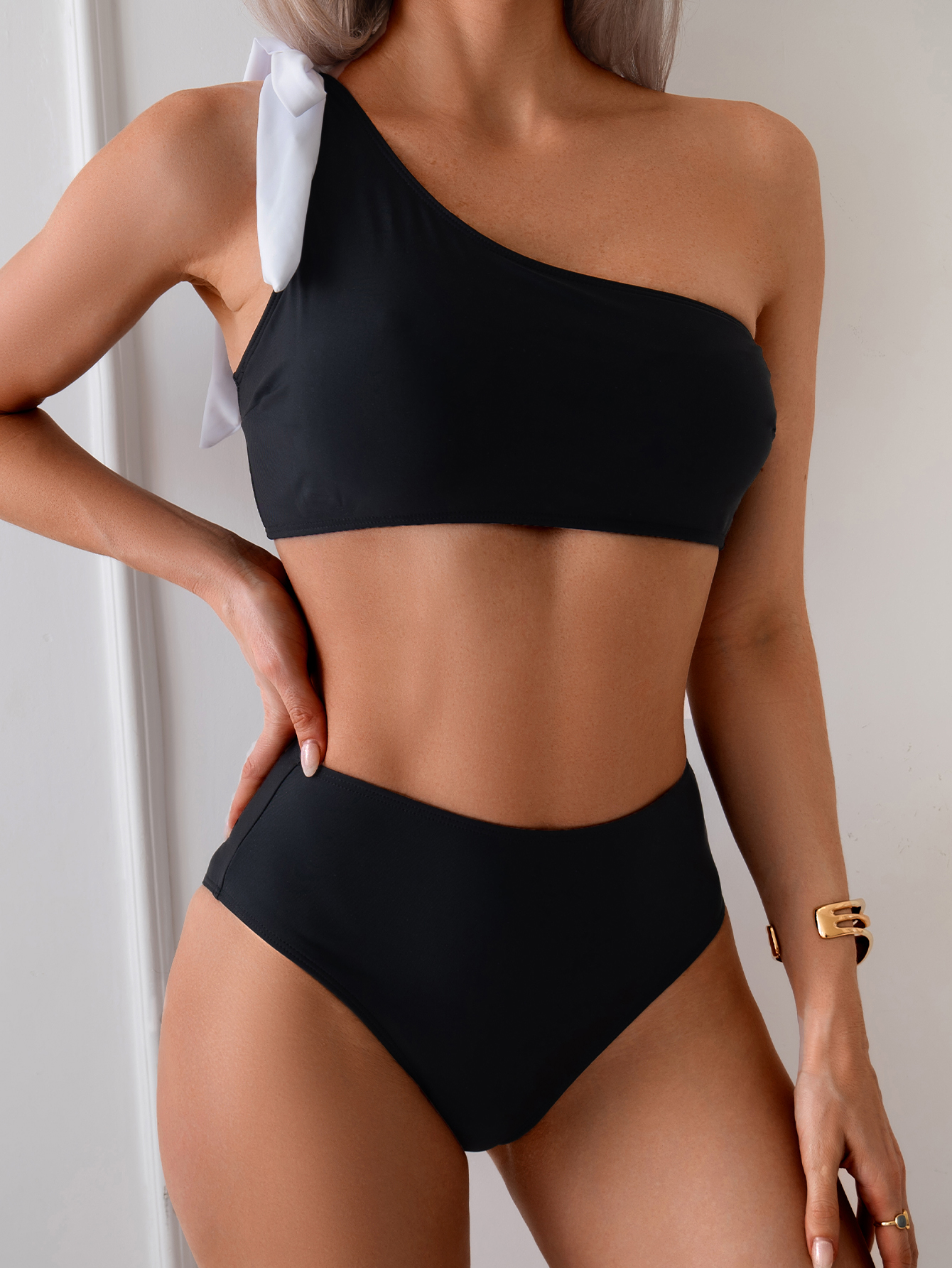 Shoulder Pad Set In - One-Shoulder-Bikinis 2026 Damen Rüschen-Badeanzug Einfarbiger High-Waist-Badeanzug