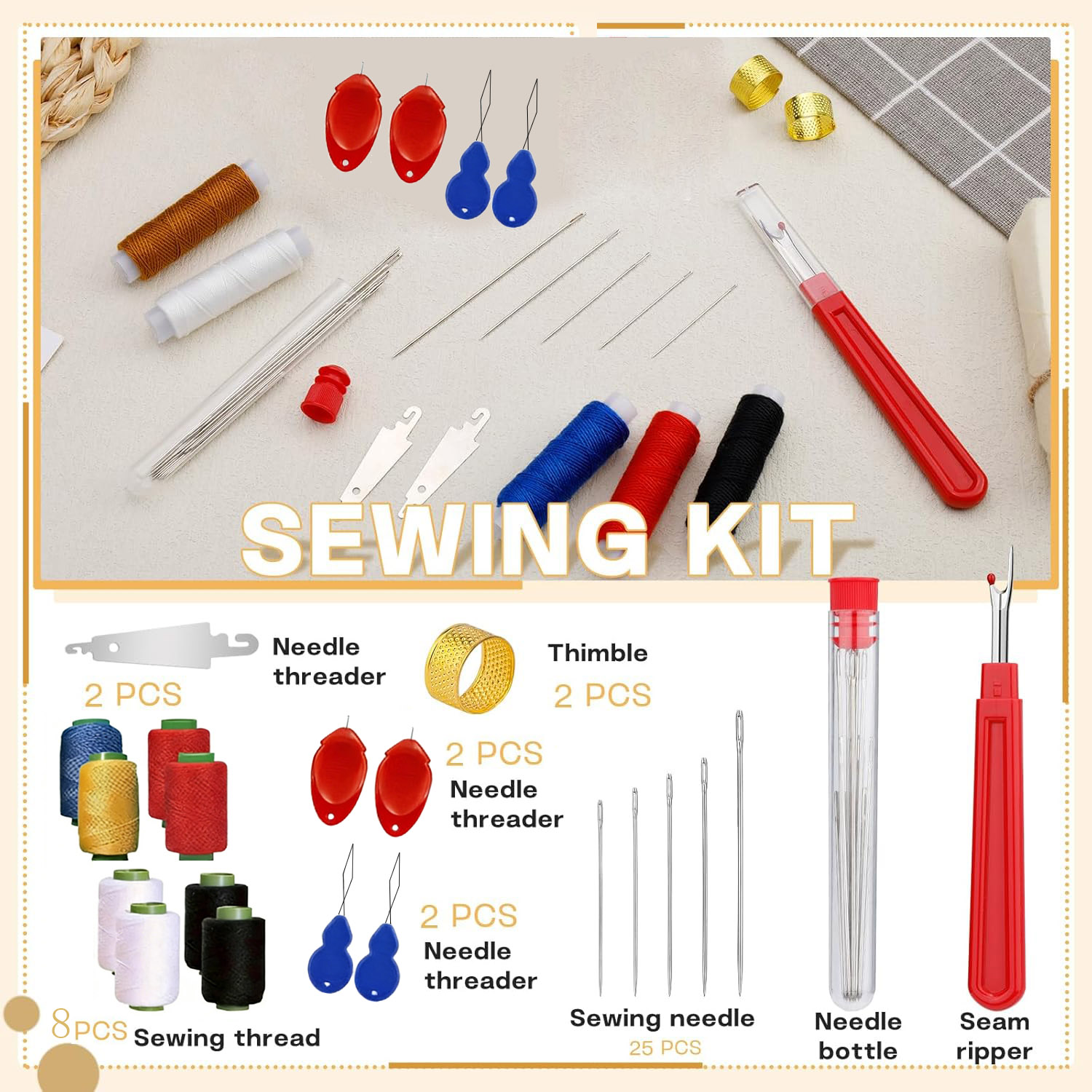 Sewing Kit - 43-teiliges Großöhr-Nähnadel-Set, Haushaltsbedarf, Hartstahl-Nähzubehör, DIY-Bastelbedarf, unverzichtbar